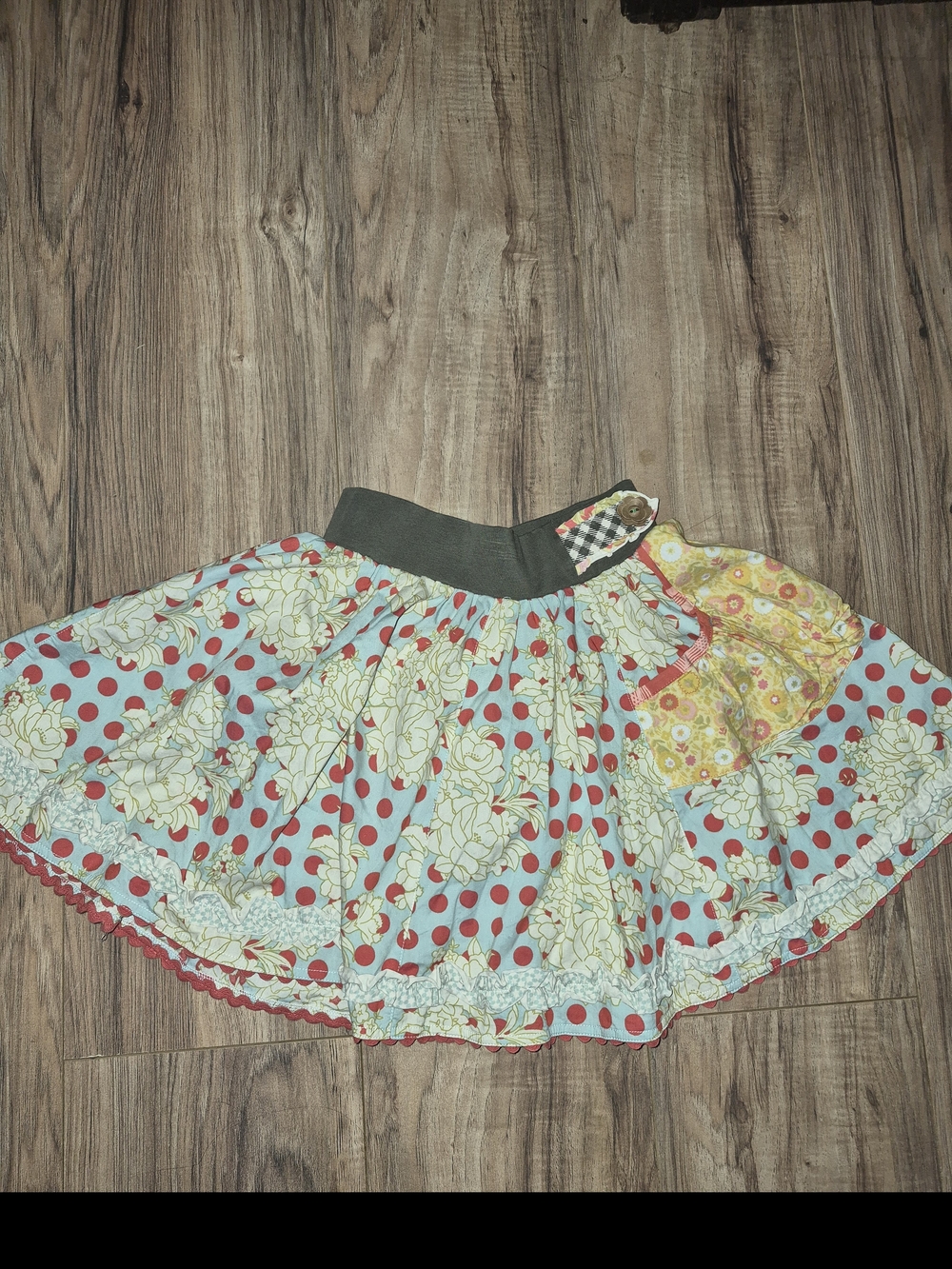 Matilda Jane Light Blue Skirt with Red Polka Dots and Cream Floral